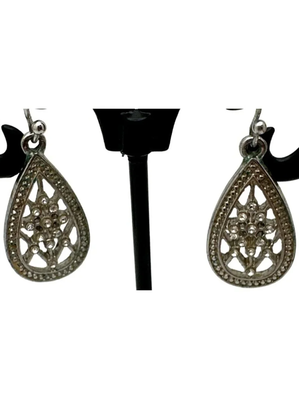 Silver Tone Filagree Teardrop Earrings Rhinestone